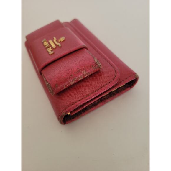 PRADA Leather Logo Wallet Small Pink Saffiano Compact Key Case Hooks Holder Bow - Picture 9 of 9